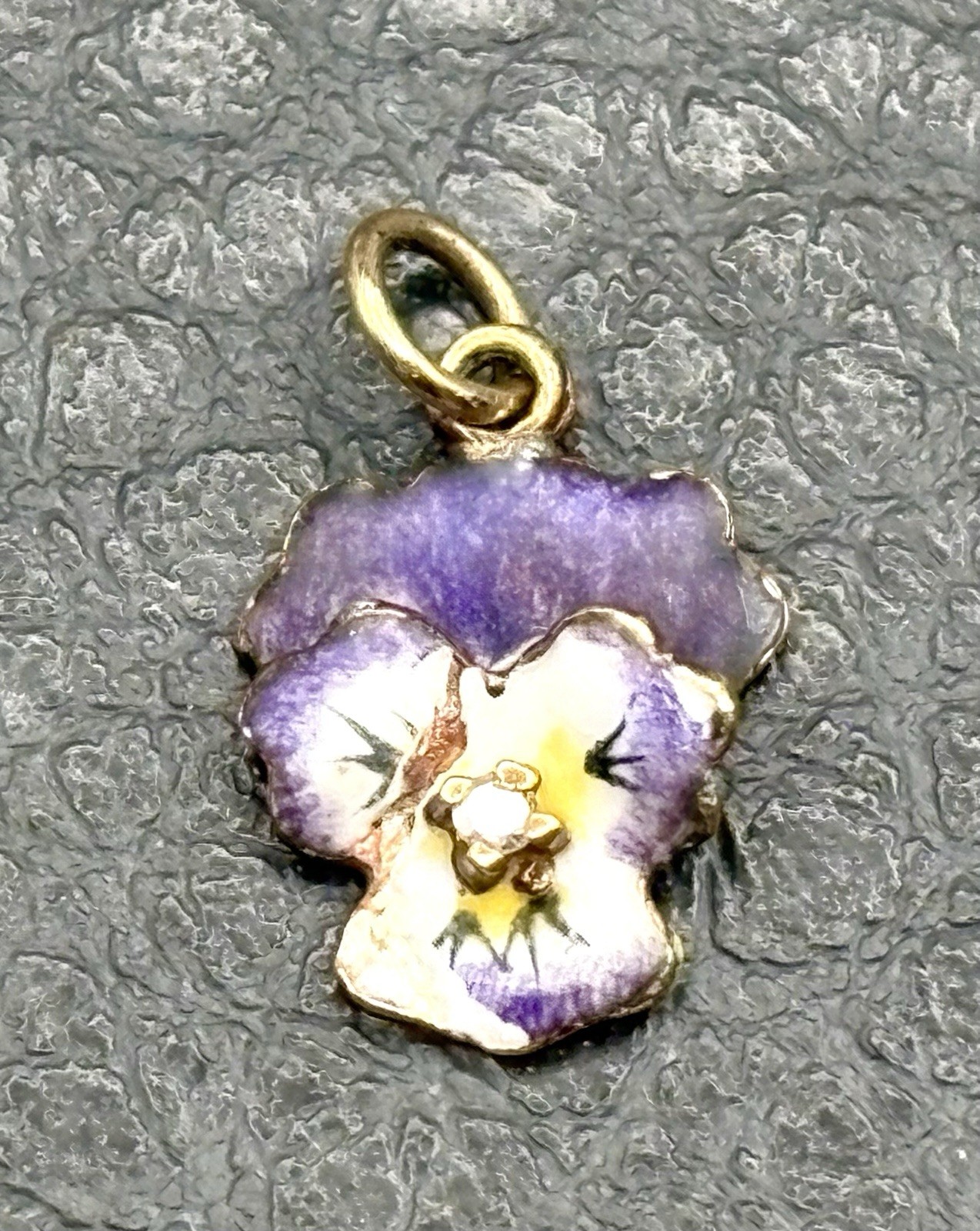 VTG 14K Gold Purple Enamel Pansy Violet Flower Diamond Antique Pendant Or Charm