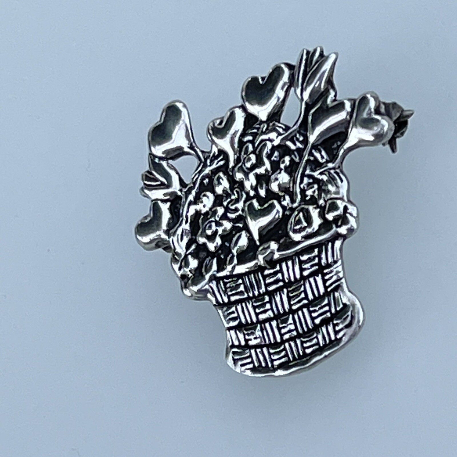 Mary Engelbreit Hearts Flowers Basket Brooch Signed ME 925 Sterling Silver Mex