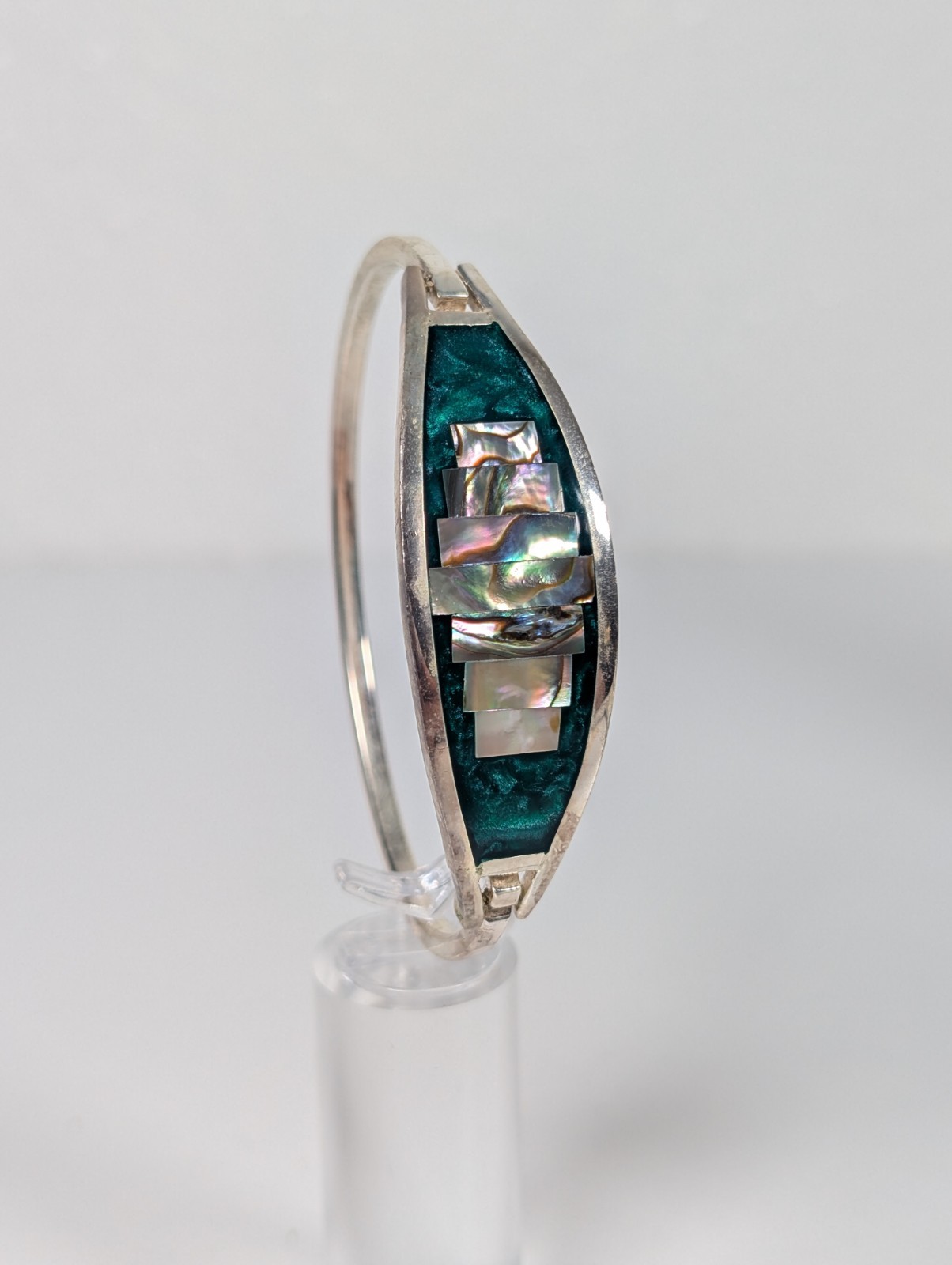 Vtg Alpaca Mexico Hinged Bangle Bracelet MOP Abalone Shell Inlay 1980s NOS