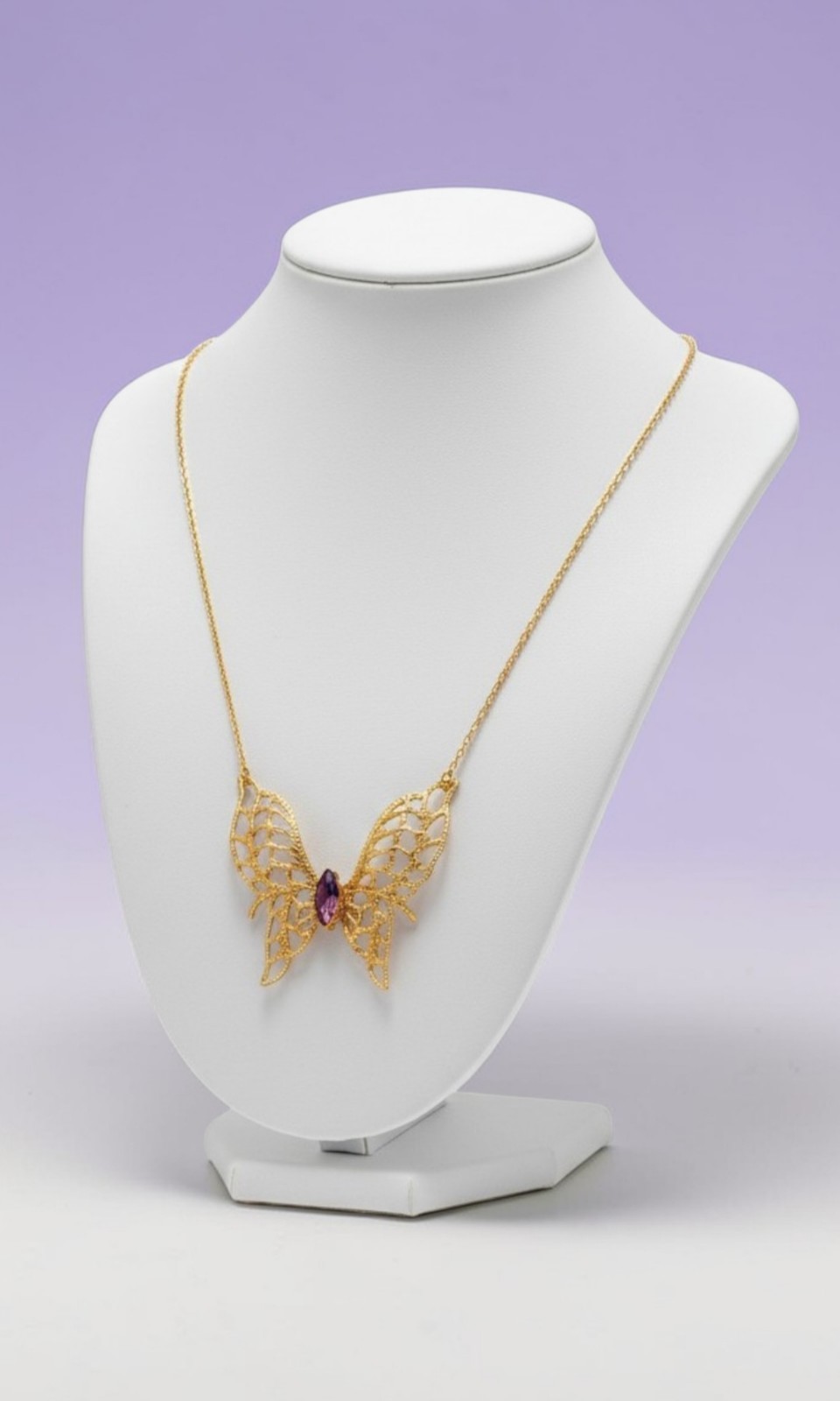14KGE Lindenwold Gold Electroplated Marquise Purple Amethyst Butterfly Necklace