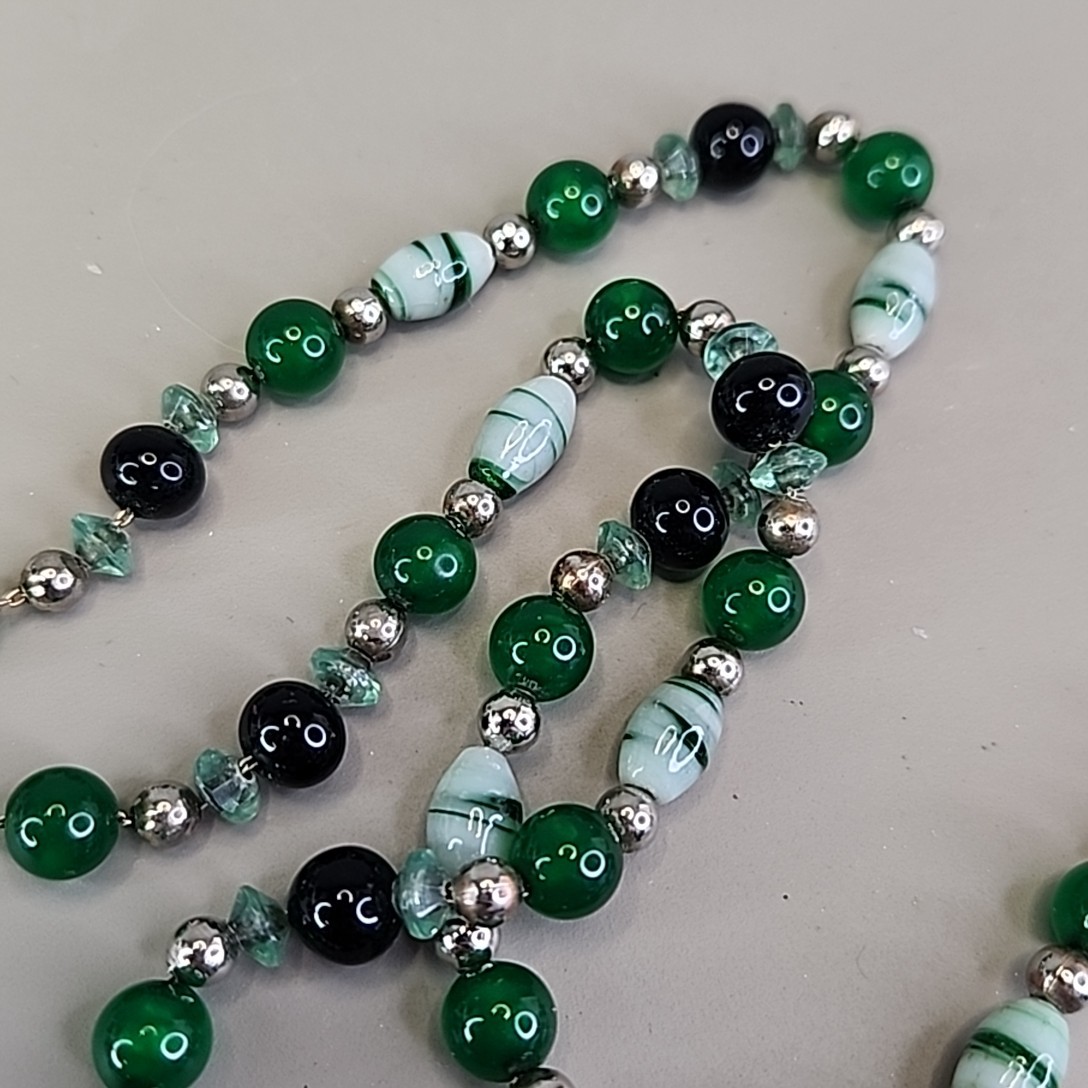 Vintage Glass Necklace Green Striped 24″