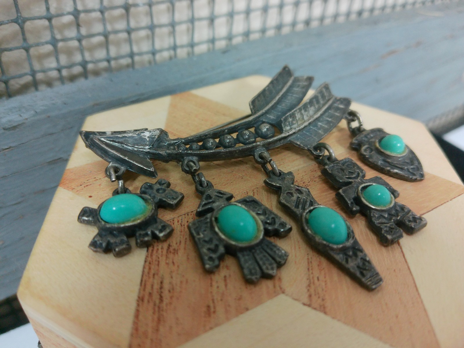 Vtg Native Symbol Faux Turquoise Stone ARROW Eagle Bird Horse Charm Pin Brooch