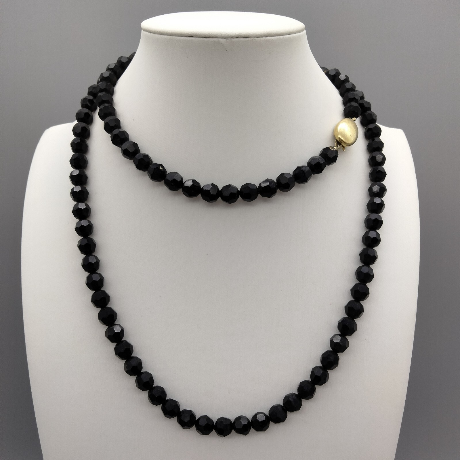 Gothic Goth Black Faceted Glass Mourning Beads 32″ Necklace Vintage Ornate Clasp