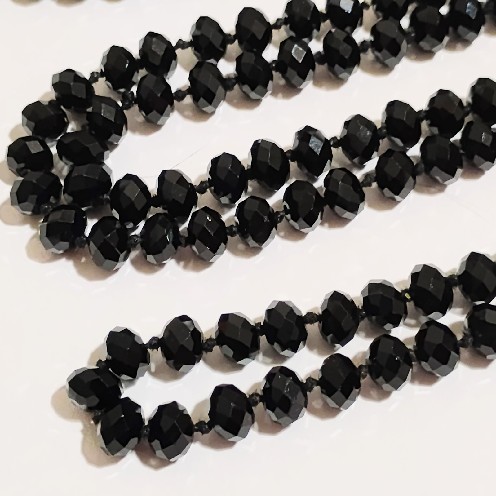 Vintage Jet Black Crystal Bead Necklace Hand Knotted 47 Long Single Strand