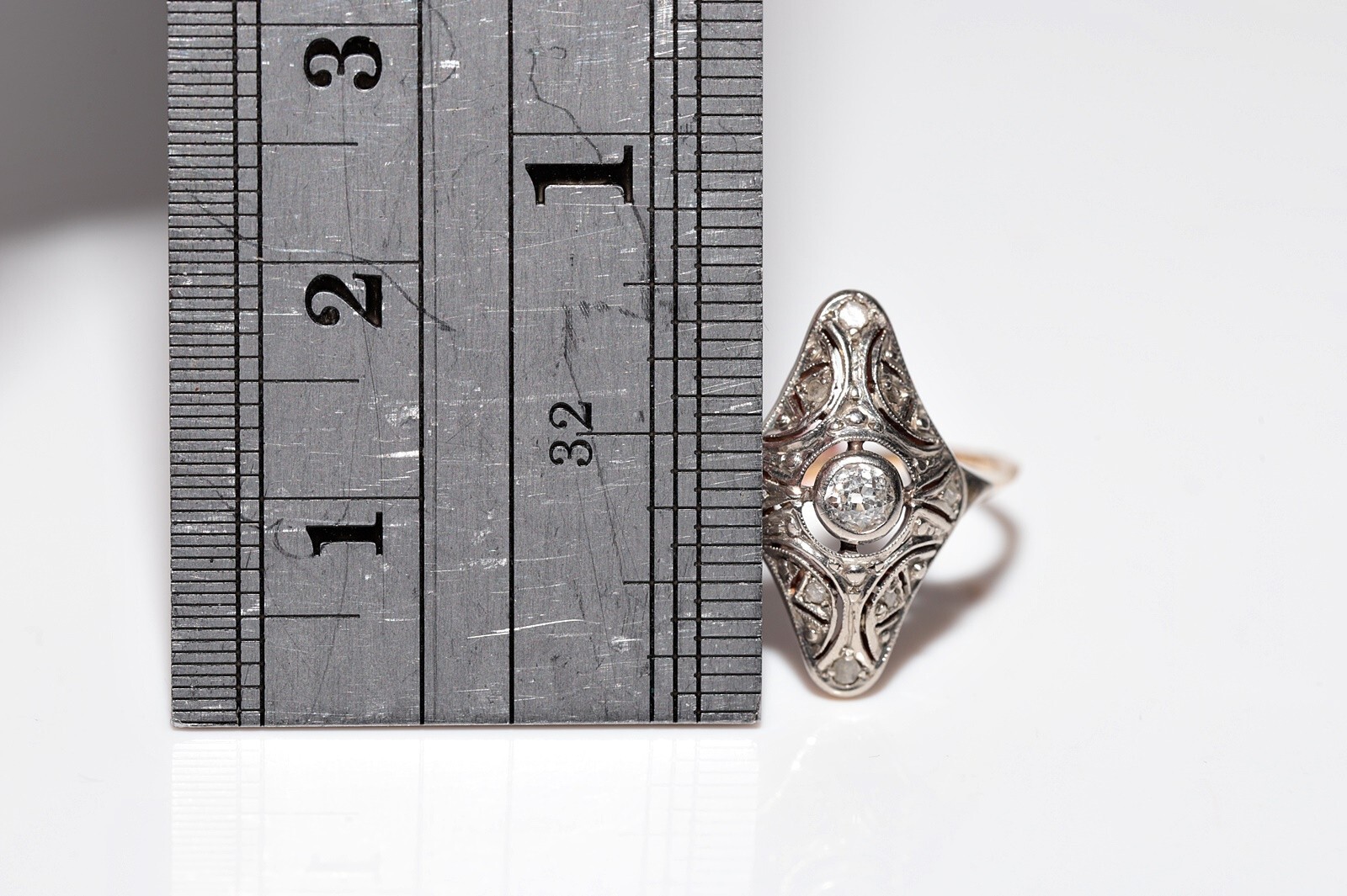 Antique Circa 1920s Art Deco 18k Gold Top Silver Natural Diamond Navette Ring