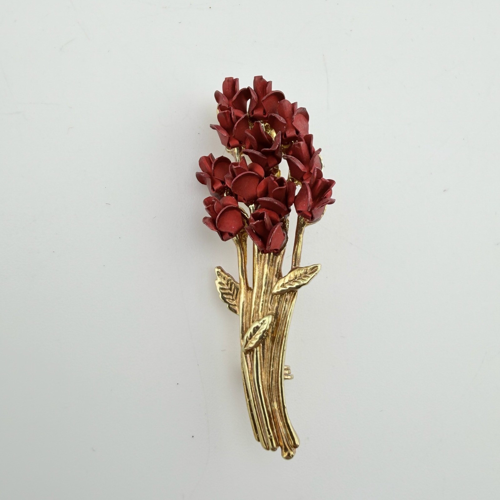 Vintage Red Rose Bouquet Brooch Gold Tone Enamel Floral Pin Excellent M Mark