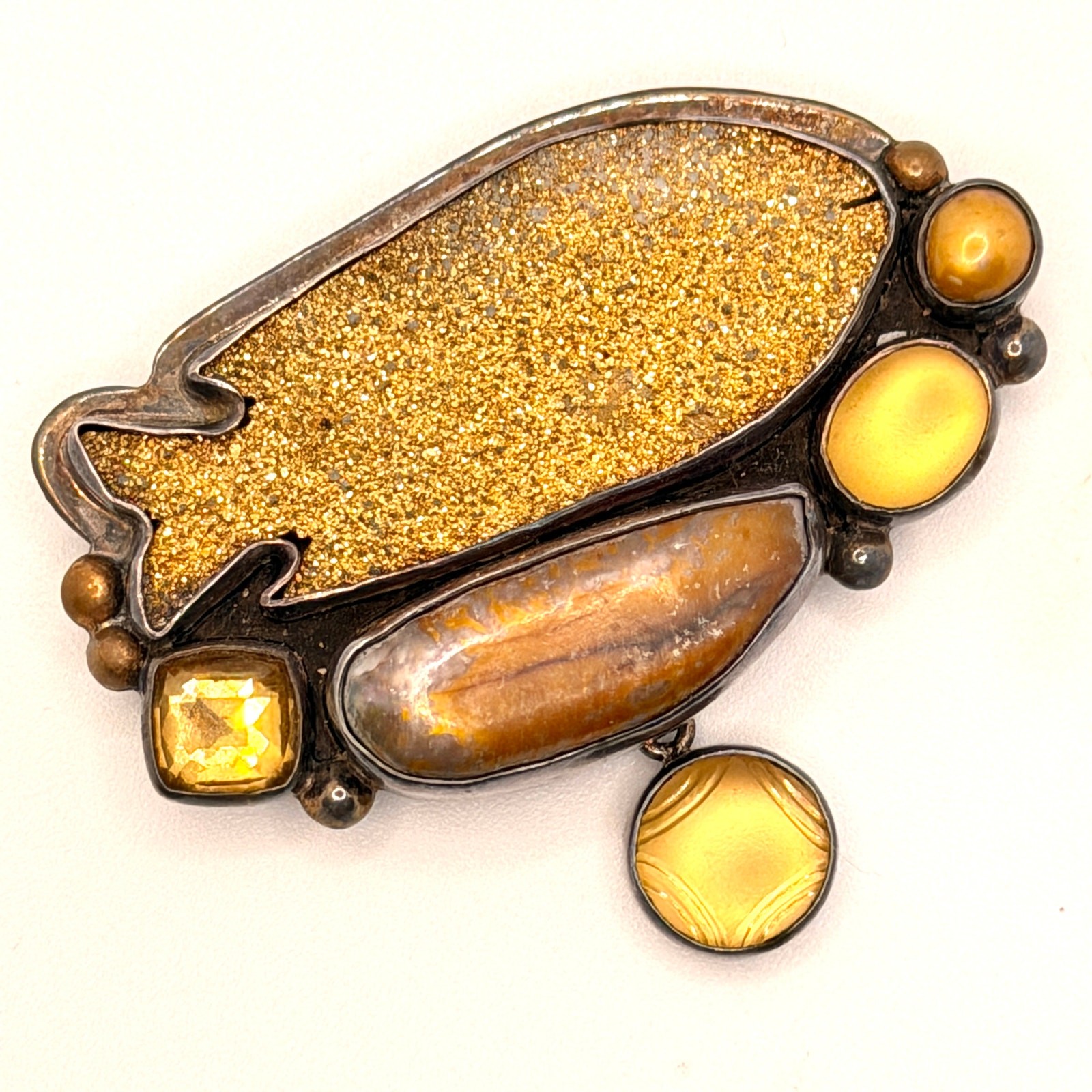 Vintage 90s Signed Amy Kahn Russell Sterling Silver Gold Druzy Brooch Pendant