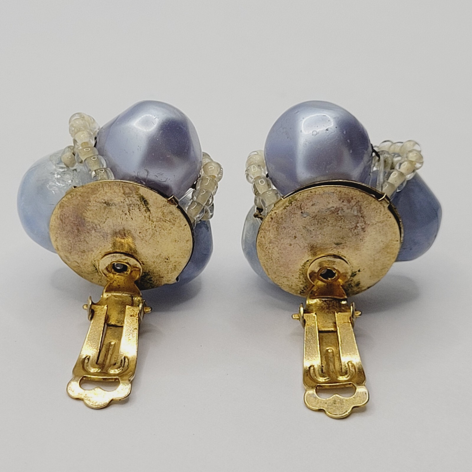 Blue Tones Lucite and Seed Bead Cluster Clip On Earrings 1950s 1960s W Germany