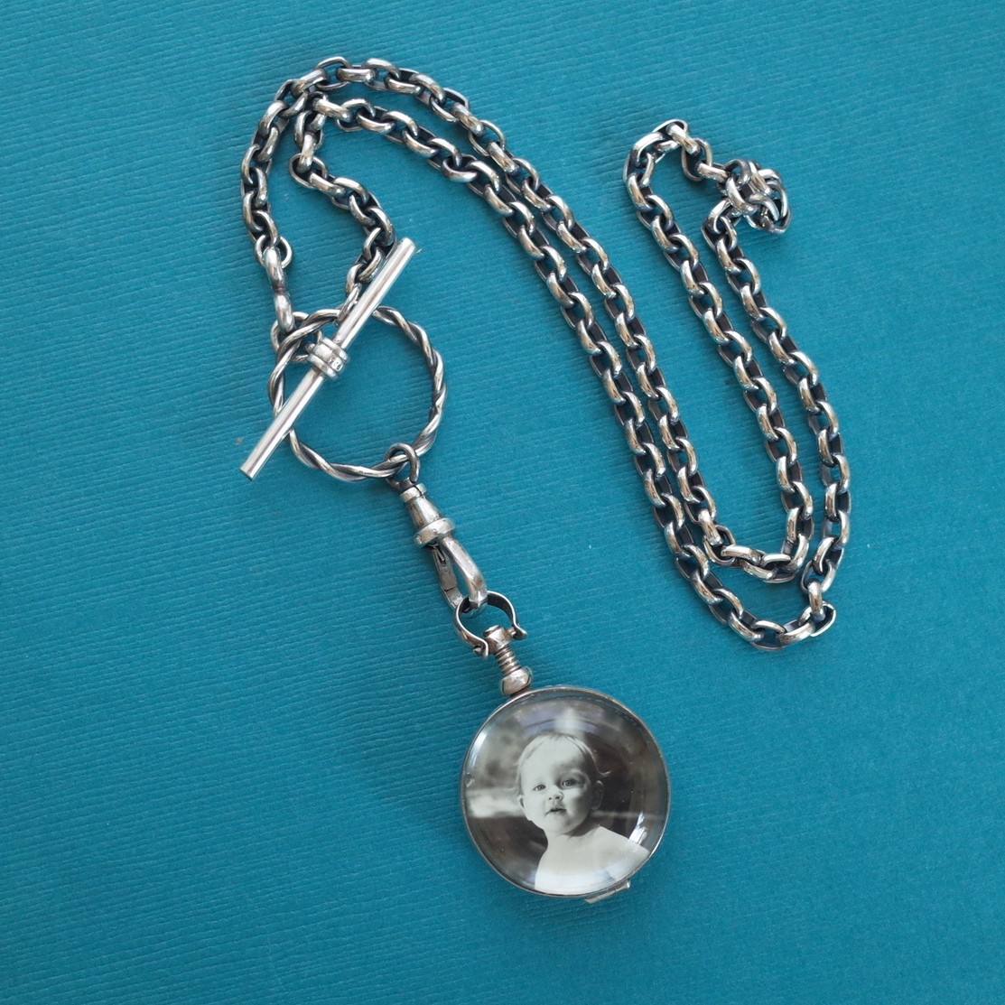 Sterling Silver Heavy Rolo Chain Glass Locket Watch Swivel T Bar Toggle Closure