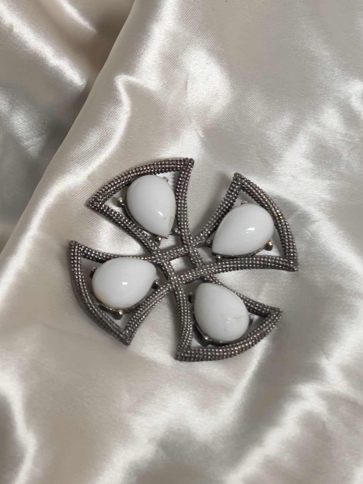 Vintage Tortolani Silver Tone Brooch – Cross Design with White Cabochons