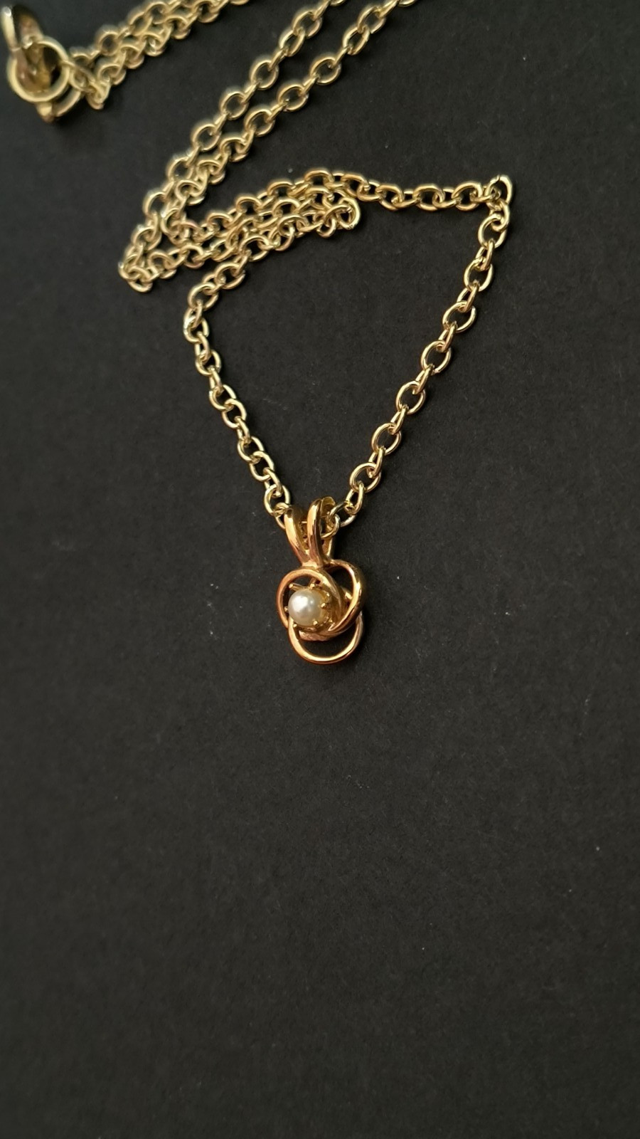 VTG Pearl & Goldtone Love Knot Charm, 16″ Chain, Sweet Gift – June Birthstone