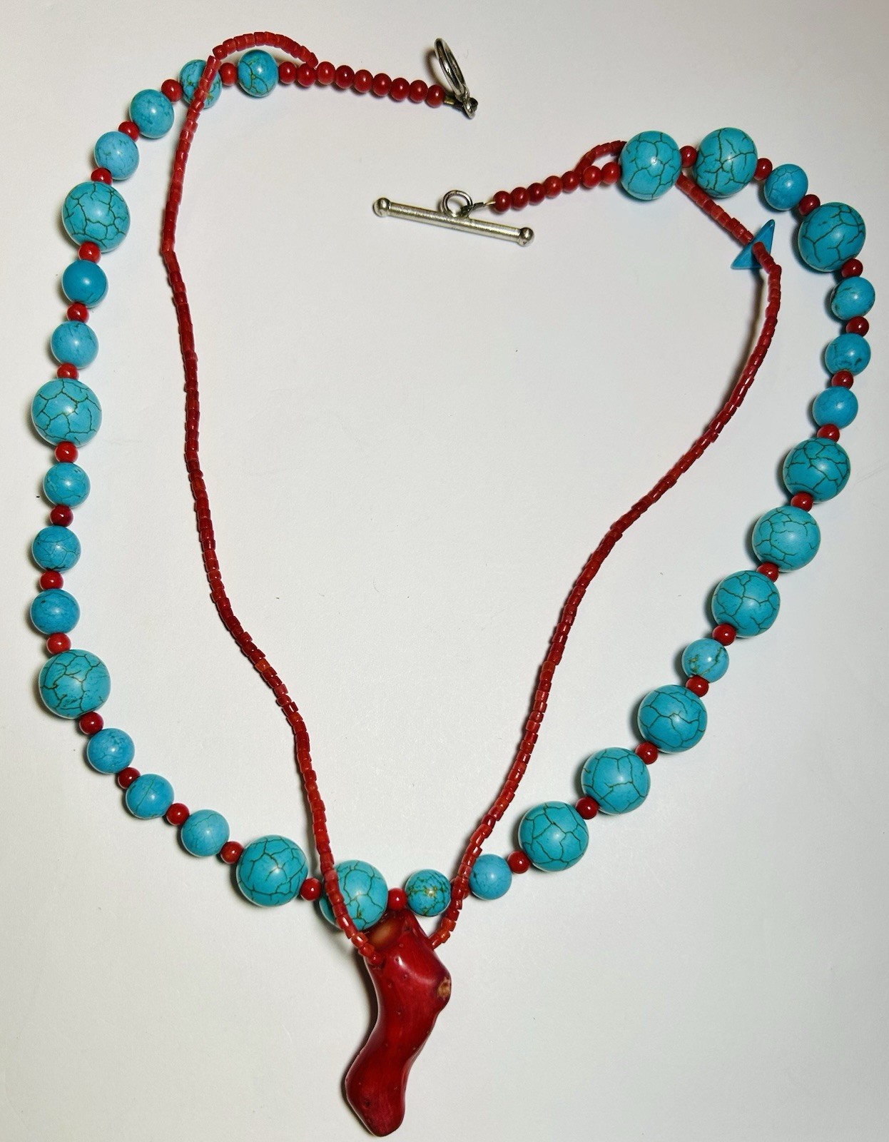 VTG Artesian 20” Red Coral & Blue Stone Beaded Necklace Toggle Closure