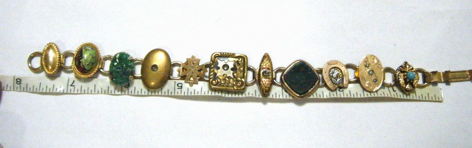7 3/4″ Long Real Antique Buttons Bracelet Gold Fill Bloodstone Jade Seed Pearls