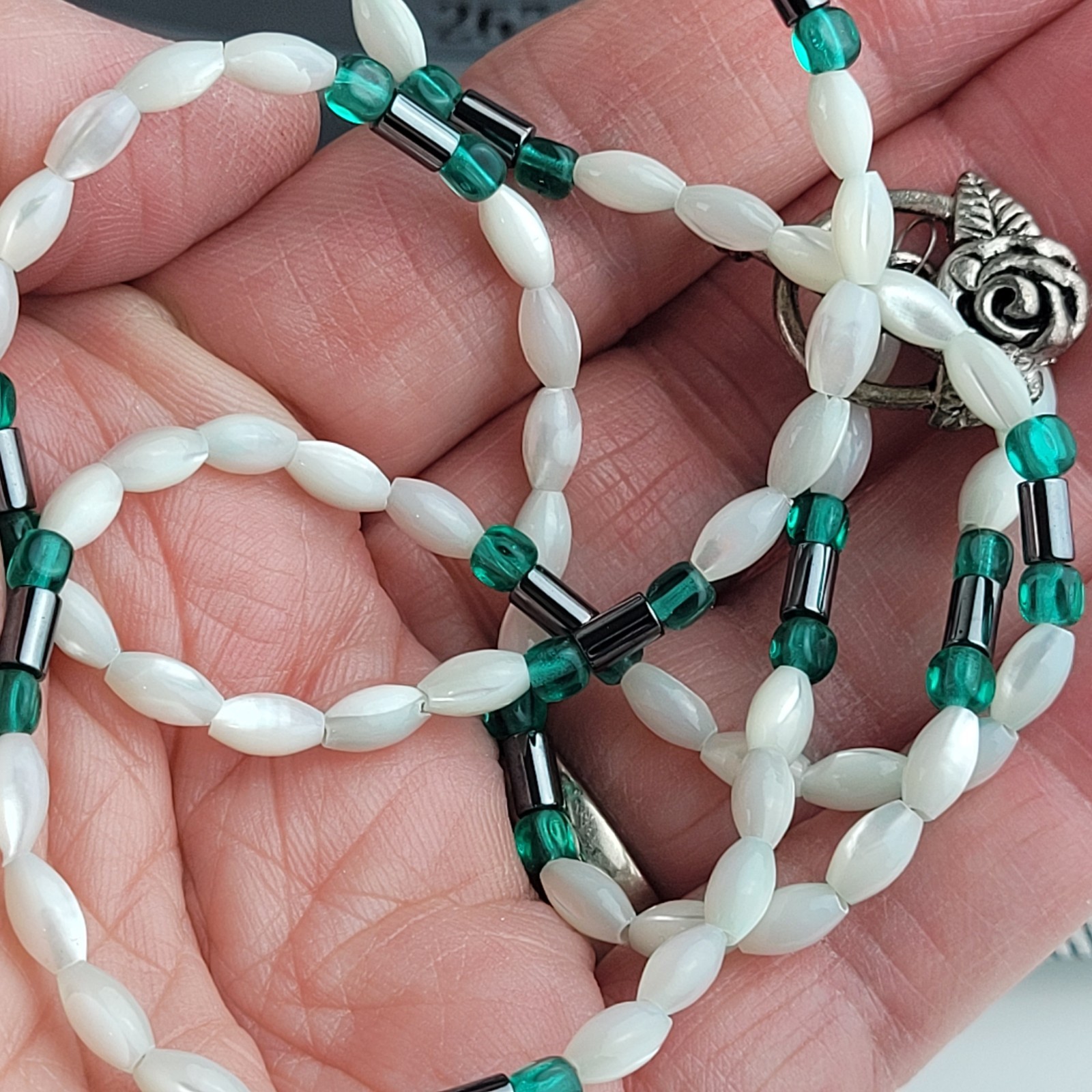 Mother Of Pearl Rice Bead Necklace With Green And Gray Bead Accents 22″