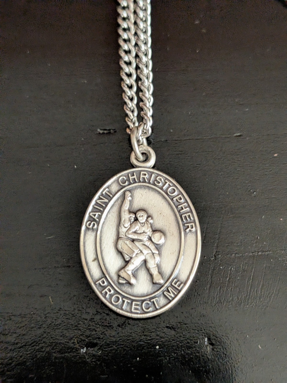VTG Sterling St CHRISTOPHER PROTECT US Sports Necklace Rosary Medal Jewelry