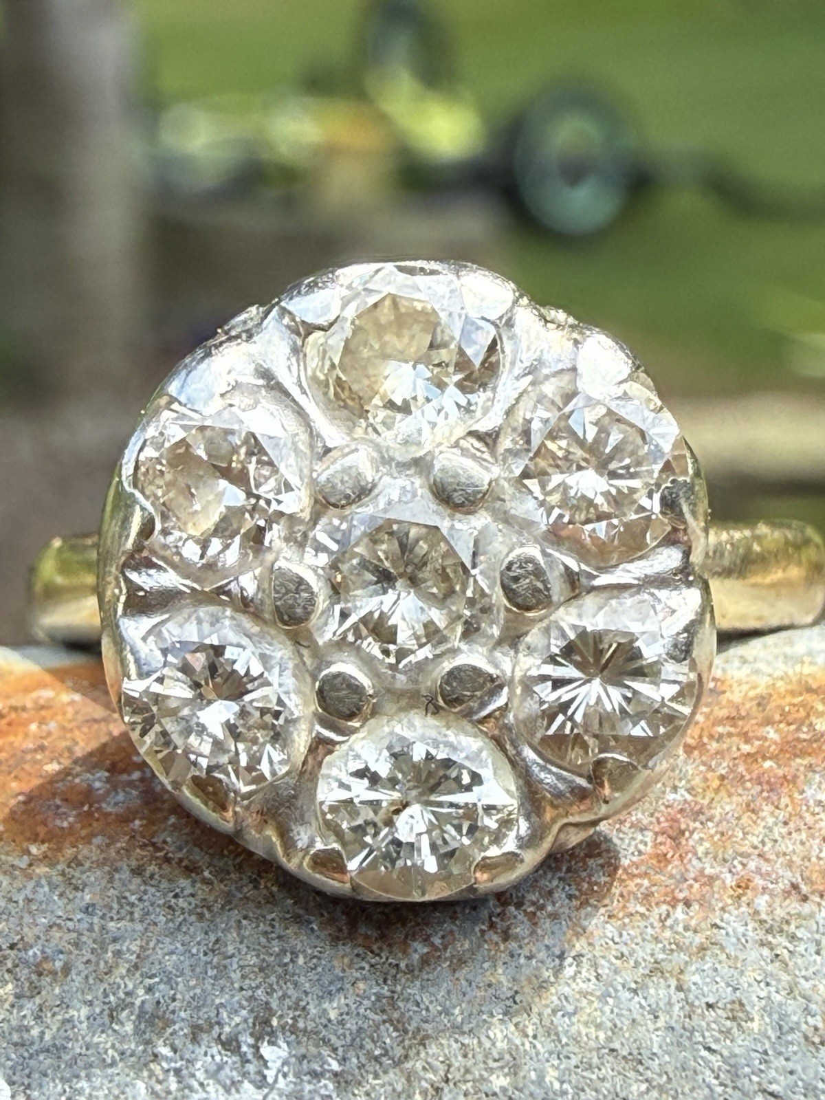 Vintage 1930’S to 1950’S 14K Gold Round Natural Cut Diamond Cluster Ring Size 6