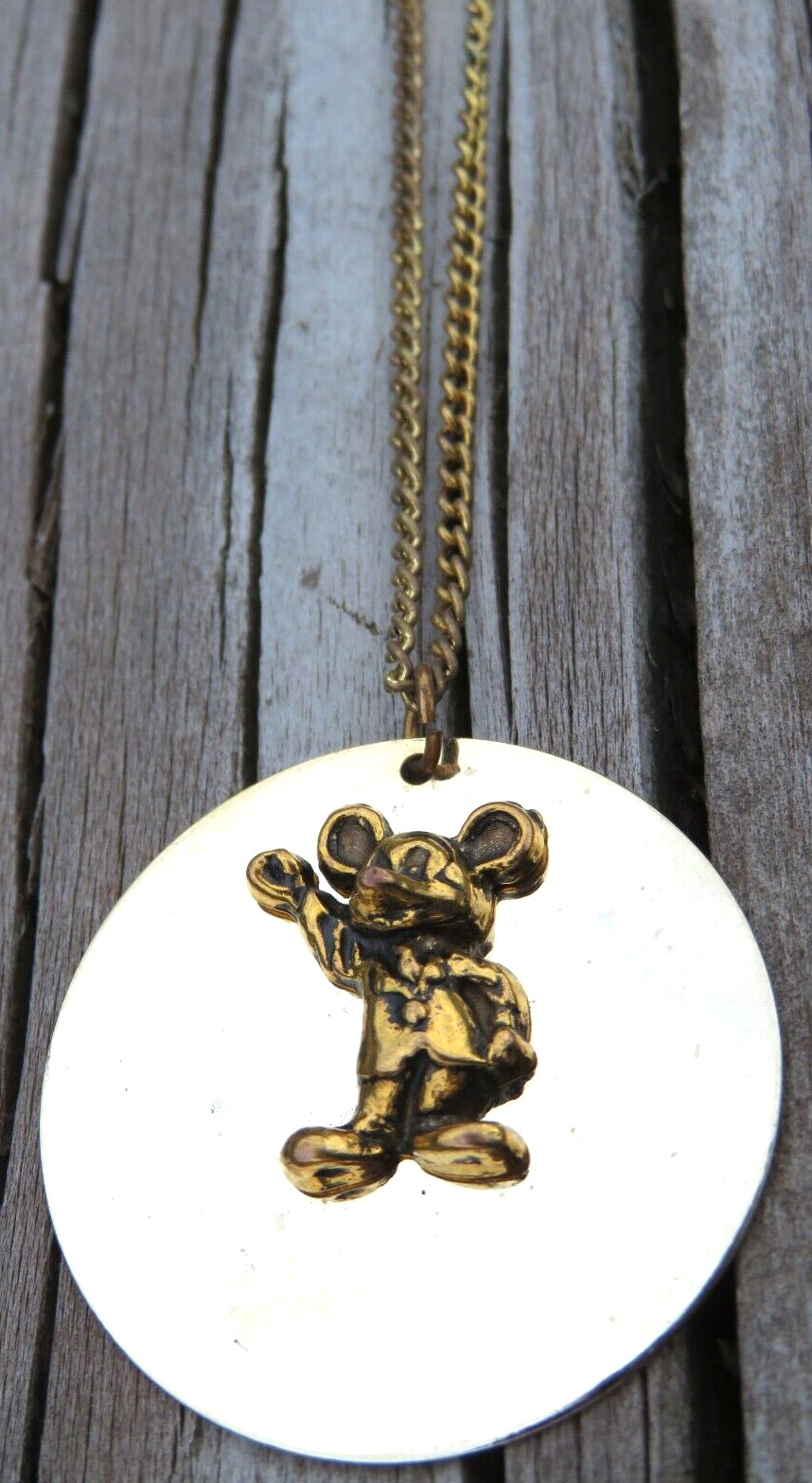 Vintage Walt Disney Micky Mouse Mirror Disc Pendant Charm Necklace Chain