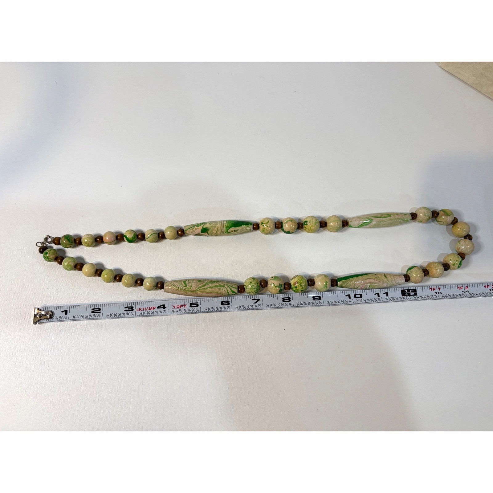 Vintage Green Swirl Beaded Necklace Boho Earthy Ceramic Wood Bead 28 Inch Long