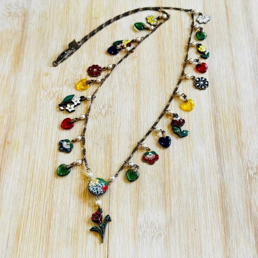 VTG Glass Works Studio Charm Necklace Crystal Enamel Heart Pansy Flower Long