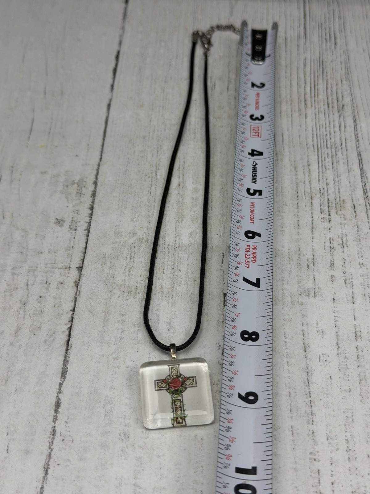 Reverse Carved Lucite Celtic Cross Rose Pendant Necklace Black Cord