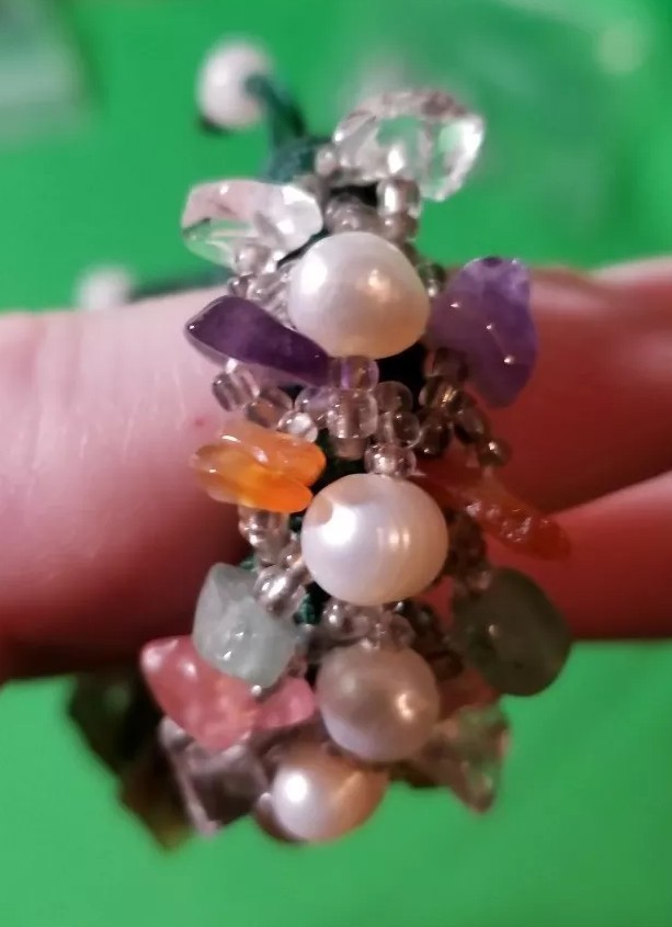 Unique rock shaped beads sewn slider adj bracelet