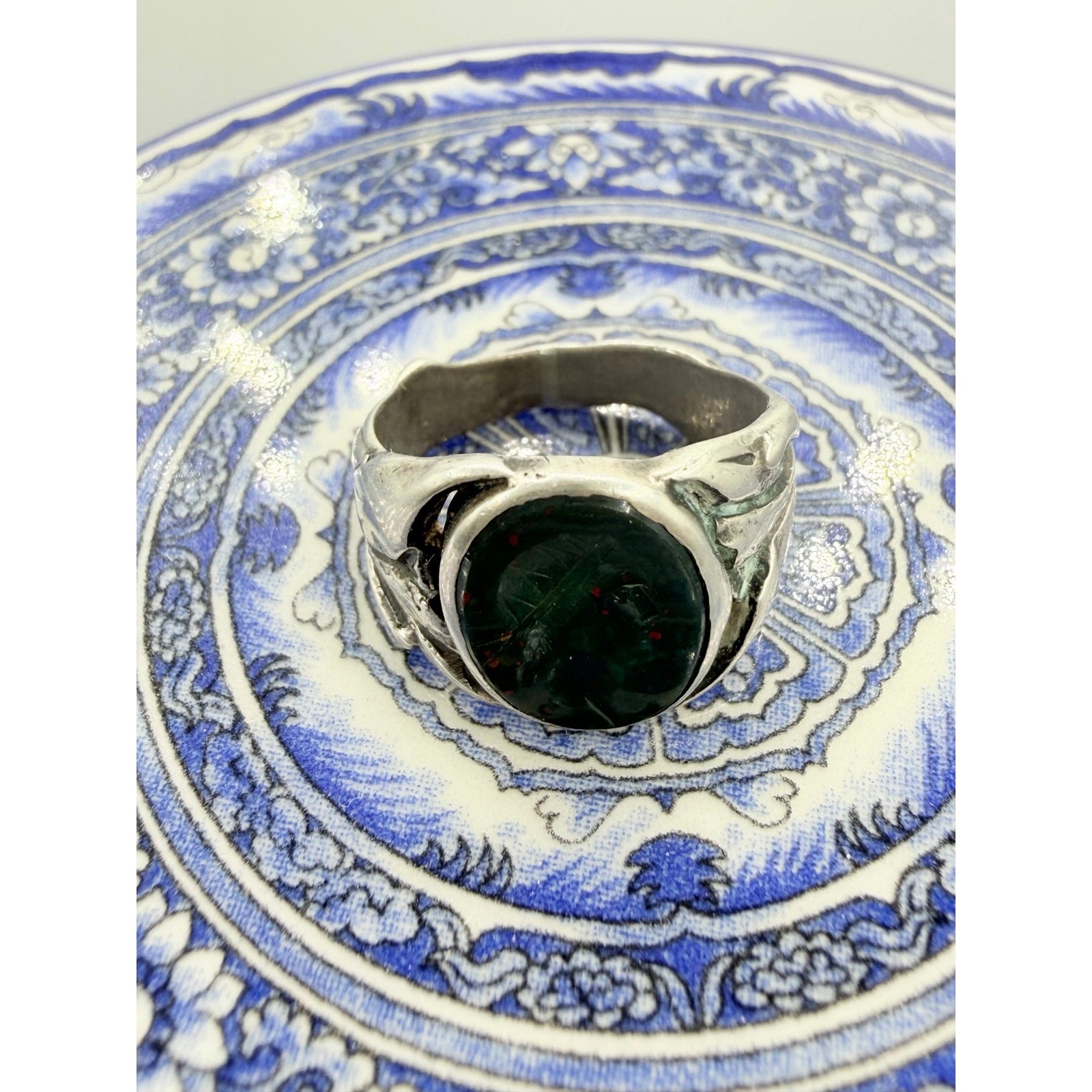 Vintage Bloodstone Intaglio Ring Classical Warrior Size 6.5