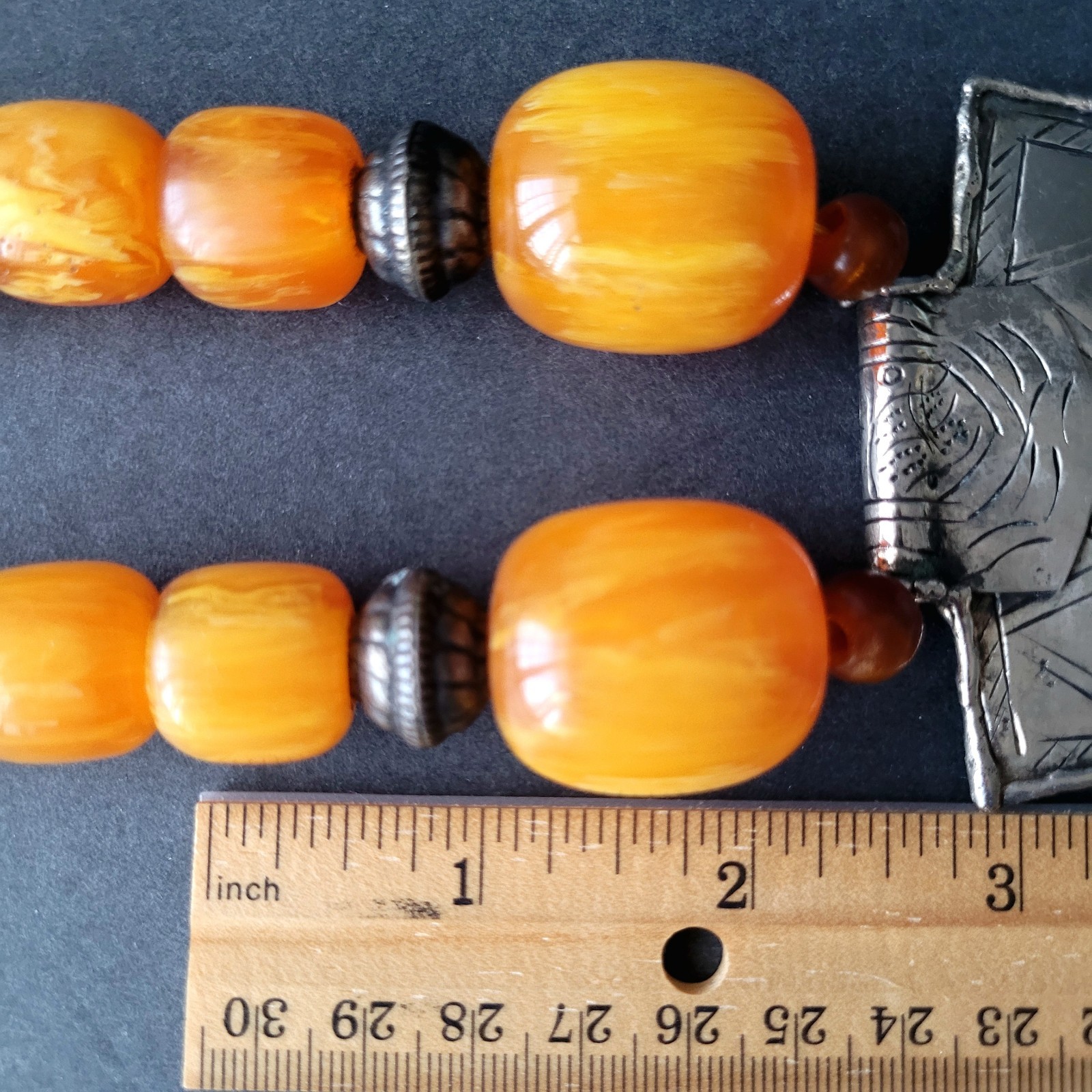 Vtg Pressed Amber Resin ? Prayer Beads Necklace Silverplate Pendant Moroccan