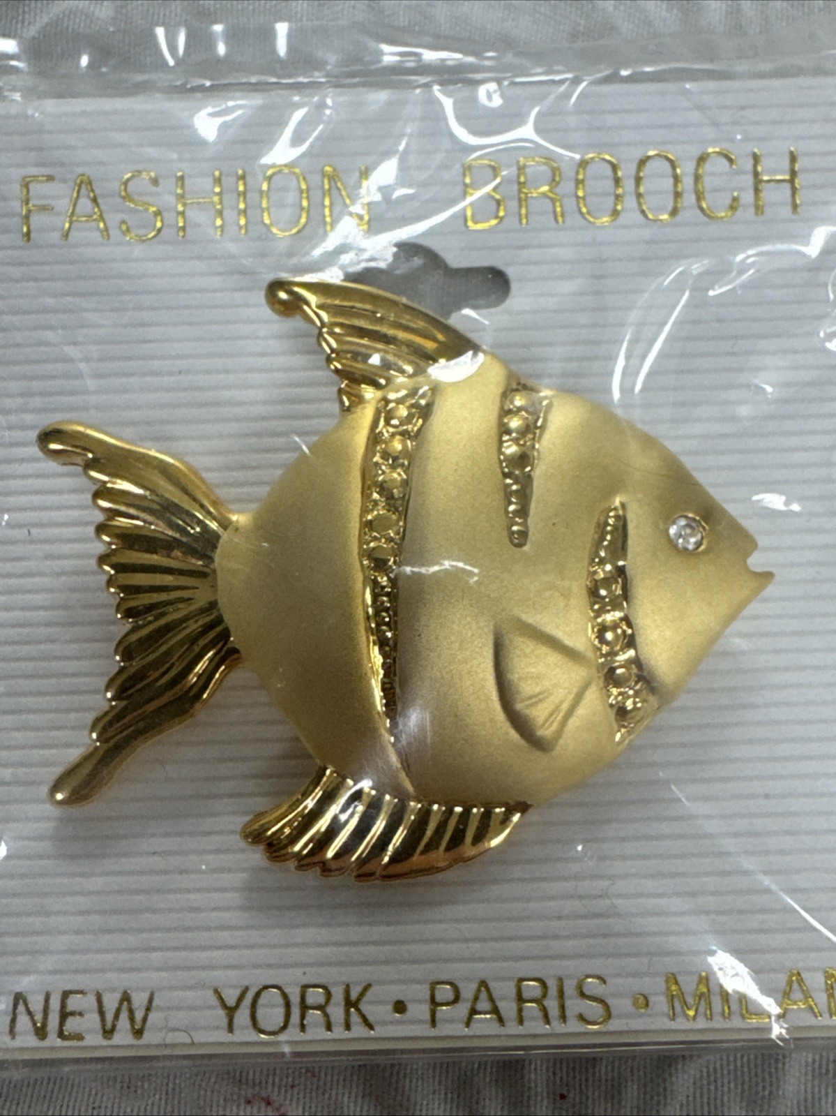 Vintage Angelfish Gold Tone Finish and Rhinestone 2” Brooch Pin New