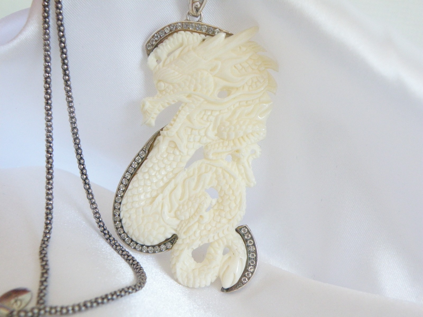 Huge Samuel B Carved CZ Dragon Statement Pendant Popcorn Mesh Necklace
