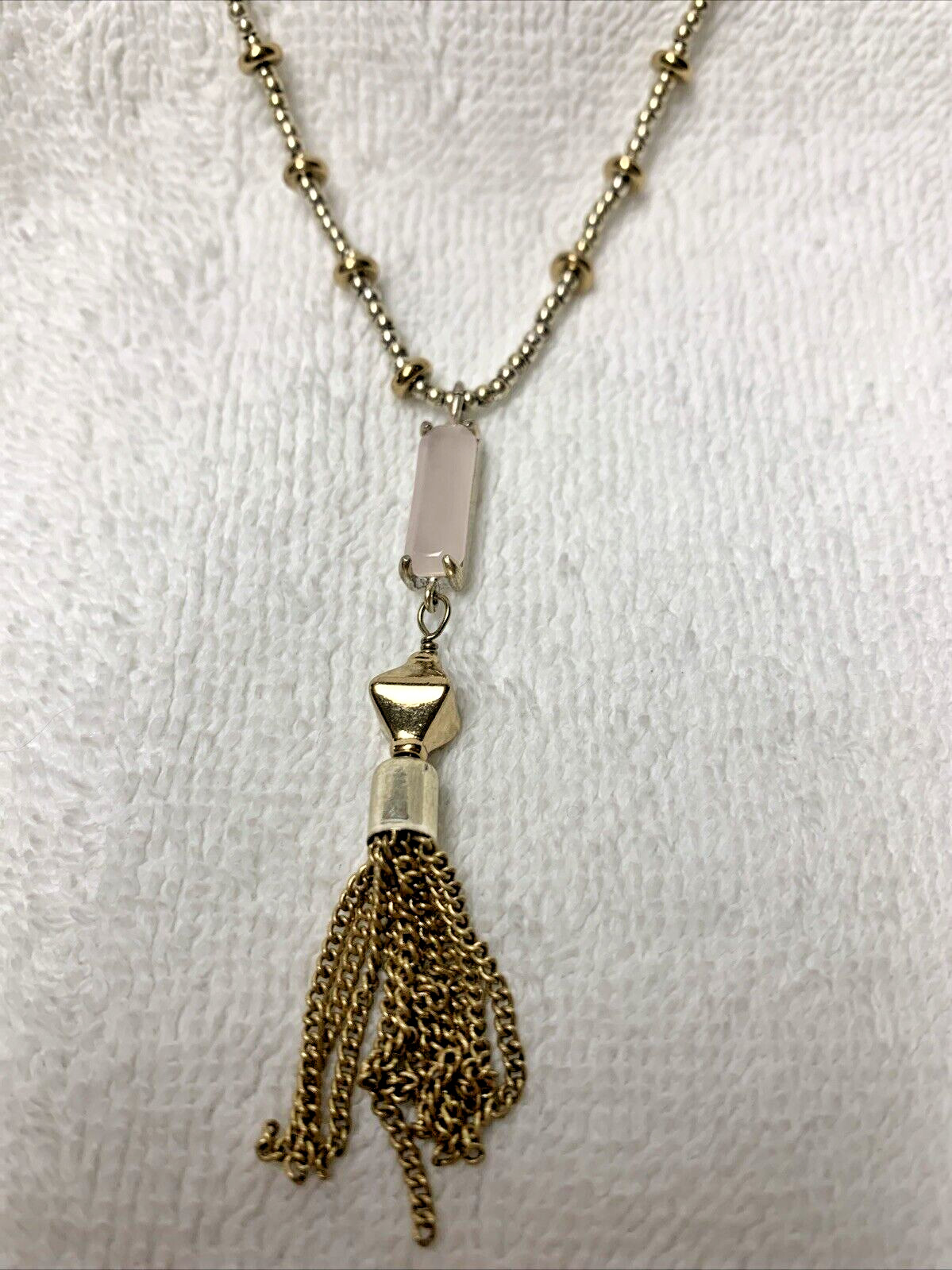 Signed Stella & Dot Gold/Silver Tone Necklace Pink Cabochon Chain Tassel n129