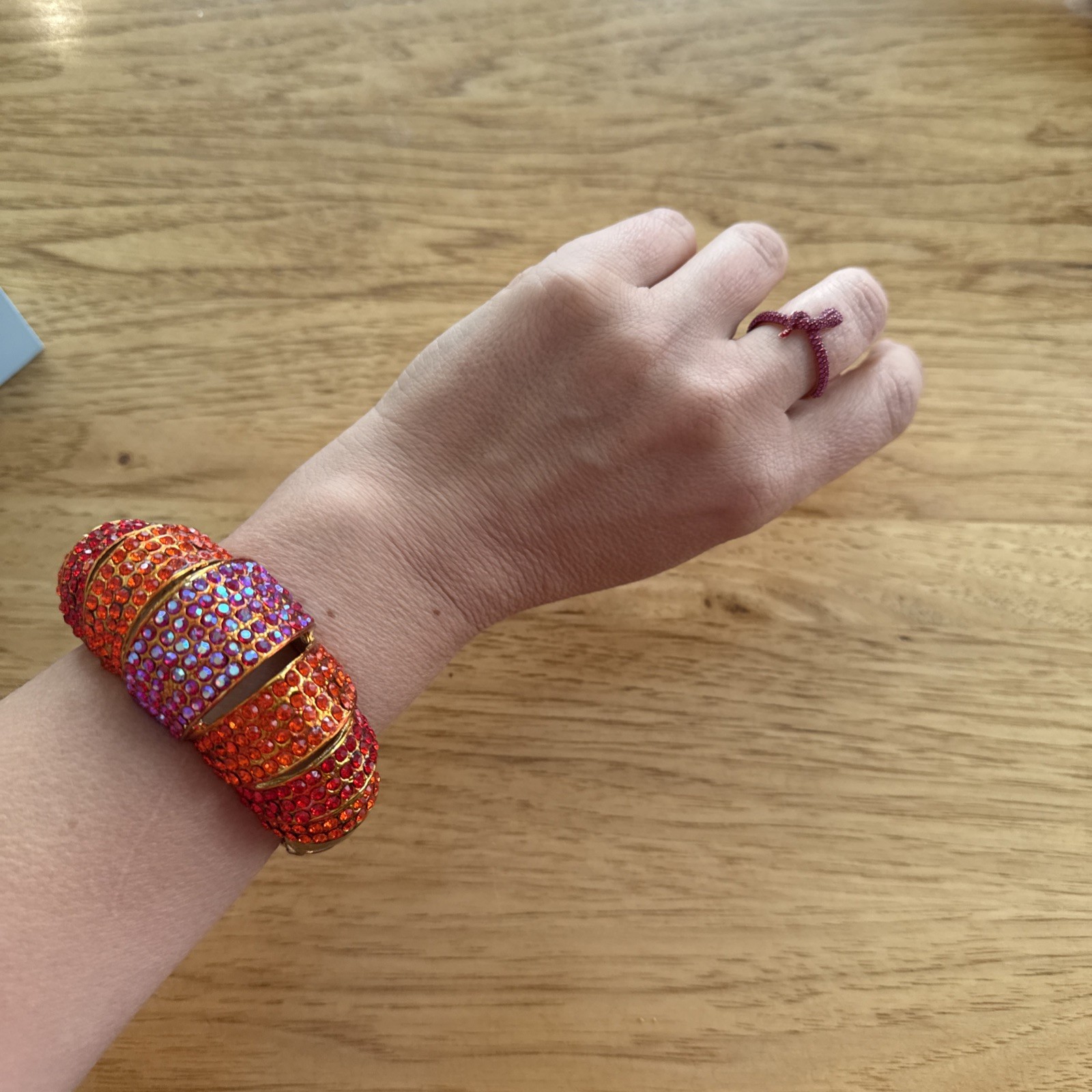 Vintage Hinged Cuff Bracelet Red Orange Fuchsia Rhinestone Crystal 1980s