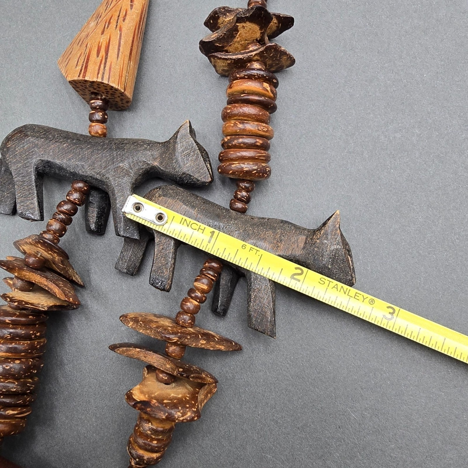 Vintage Tribal Wood Animal Necklace 26″ Brutalist Hand Carved Statement Piece