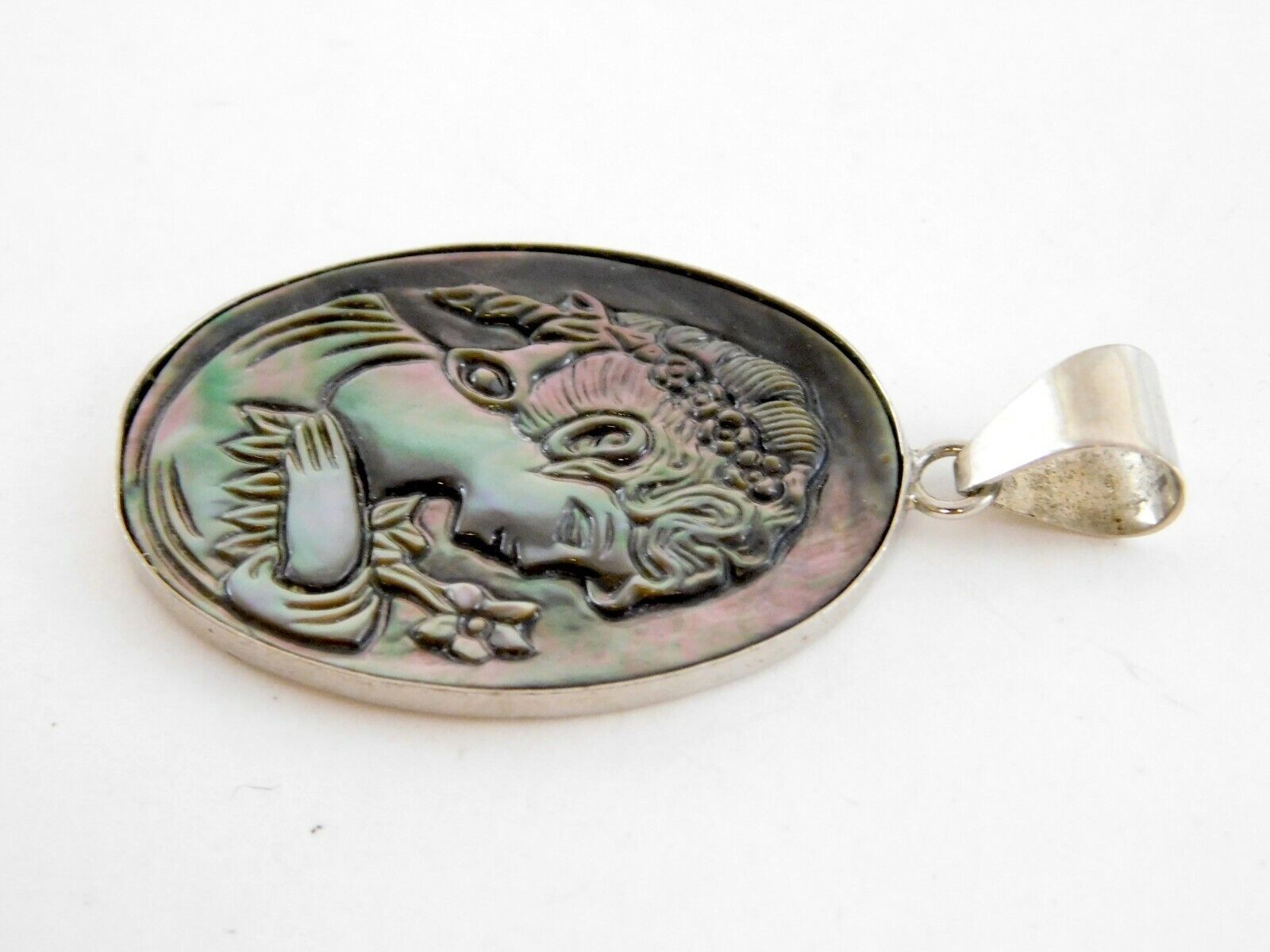 LS China Silver Tone Metal and Carved Abalone Shell Cameo Pendant 6.5g 2 Inches
