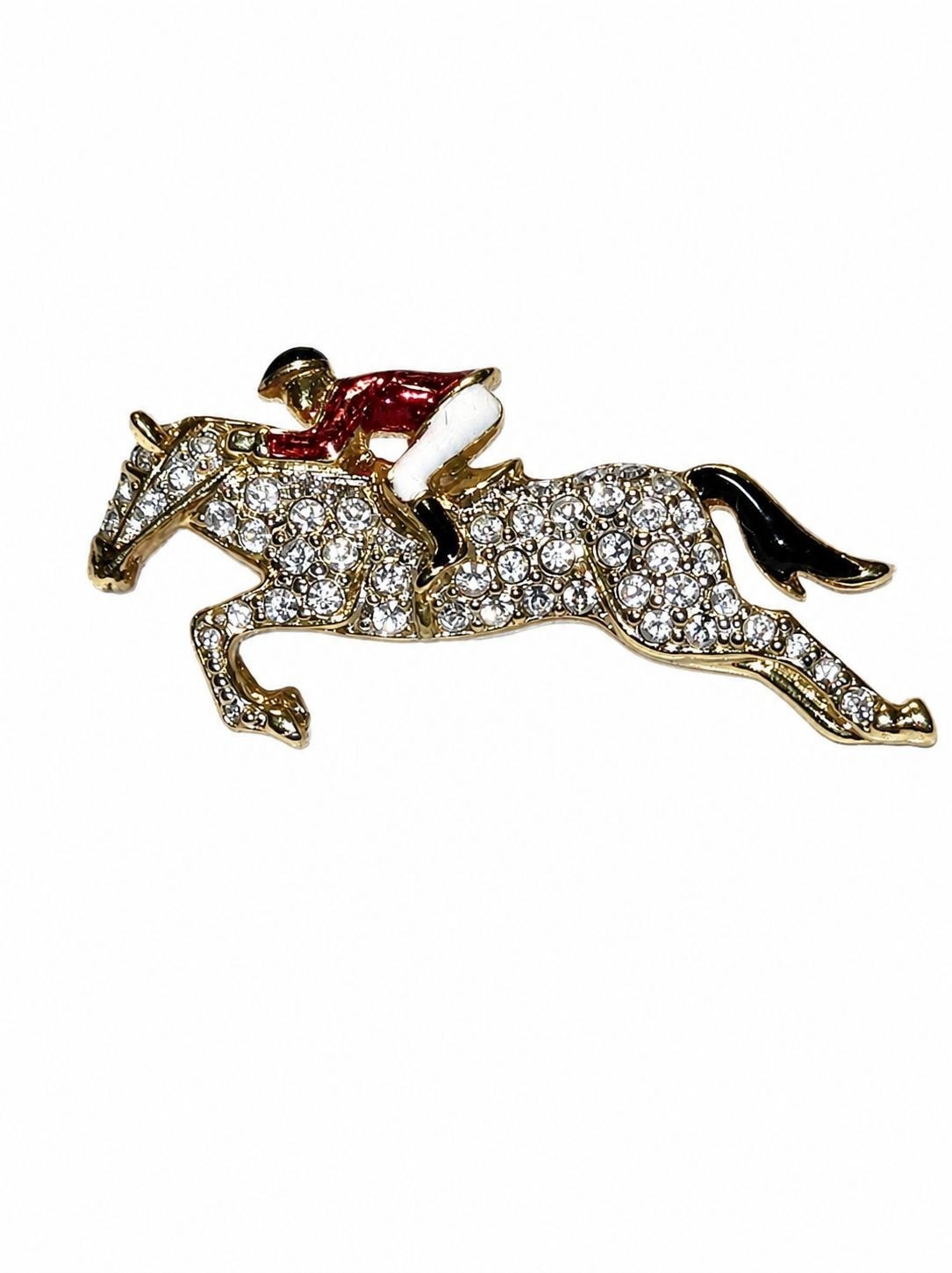 Jockey & Racehorse Rhinestone Red Jacket White Pant Enamel Running Horse Brooch