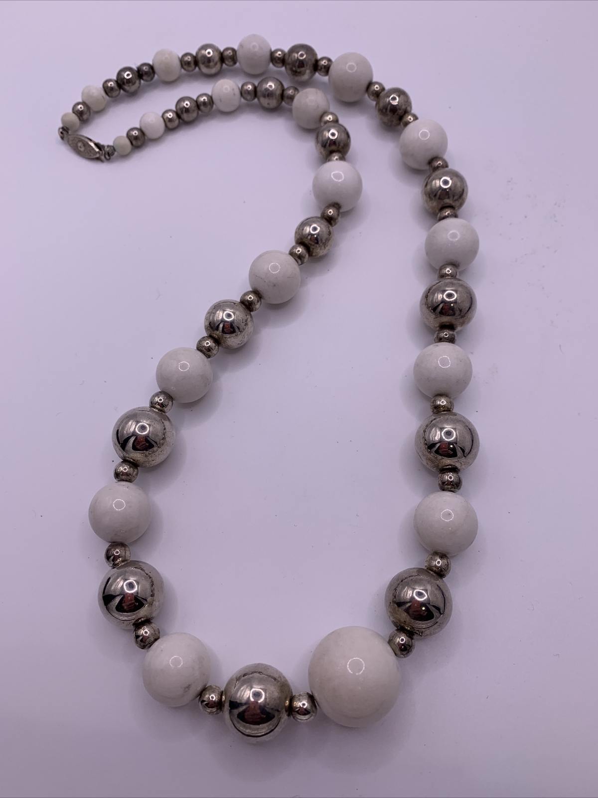 Vintage Necklace White Glass & Silver Tone Balls Graduating Size Beads Statement