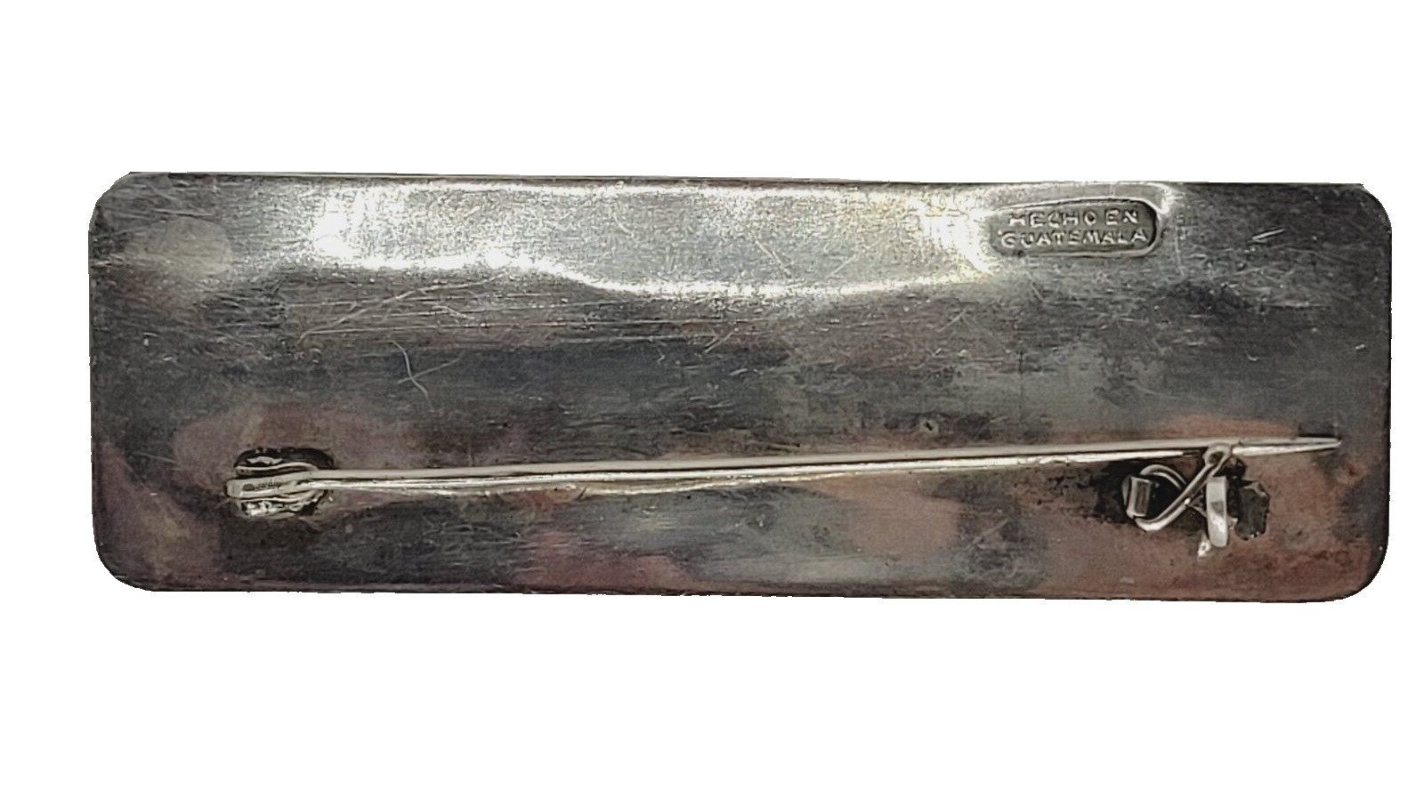 Guatemala Maya Mayan Relief Image Long Silver & Copper Tone Vintage Brooch Pin