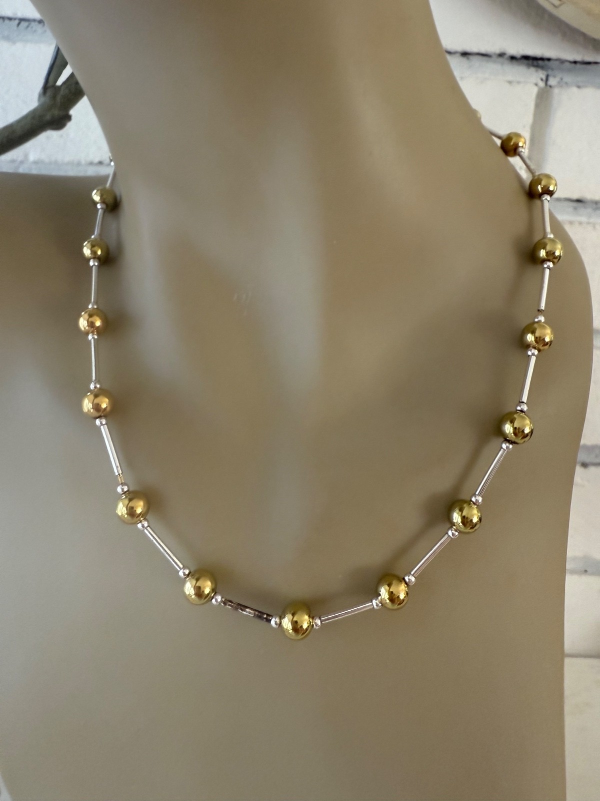 ESTATE VINTAGE GOLD & SILVER PLATED BALL BAR LINK CHAIN SIGNED NECKLACE 17″