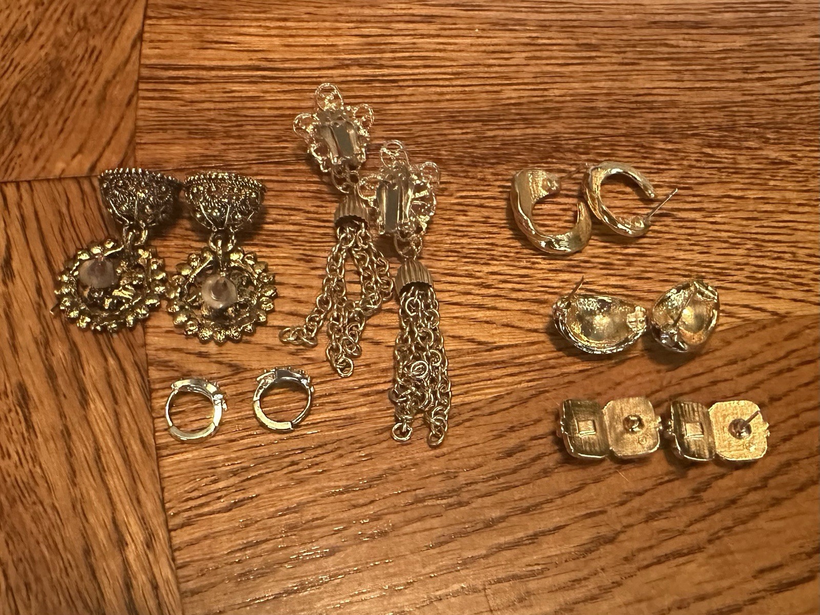 Vintage Lot 6 Pairs Gold Tone Earrings Rhinestones Hoops Dangle Pierced & Clip