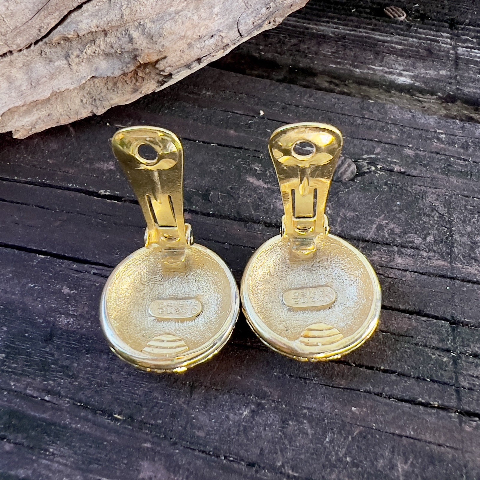 Vintage Orena Paris Woven Iridescent Gold Tone Button Clip Earrings Signed