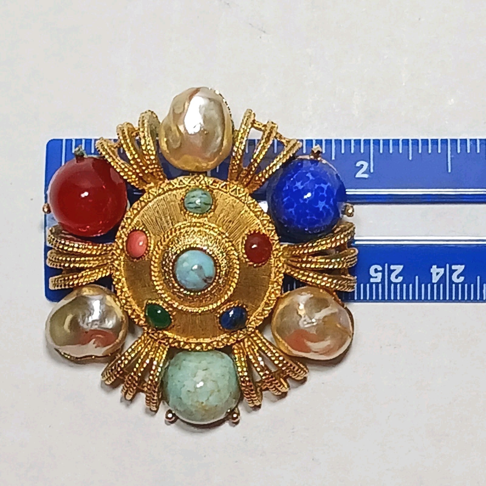 Brooch Ruby Sapphire Turquoise Cobochons Baroque Faux Pearls GT Vintage Signed