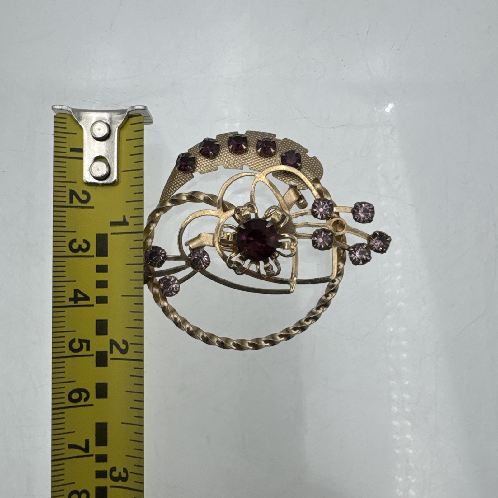 Vintage Gold Tone Heart Brooch with Purple Rhinestones