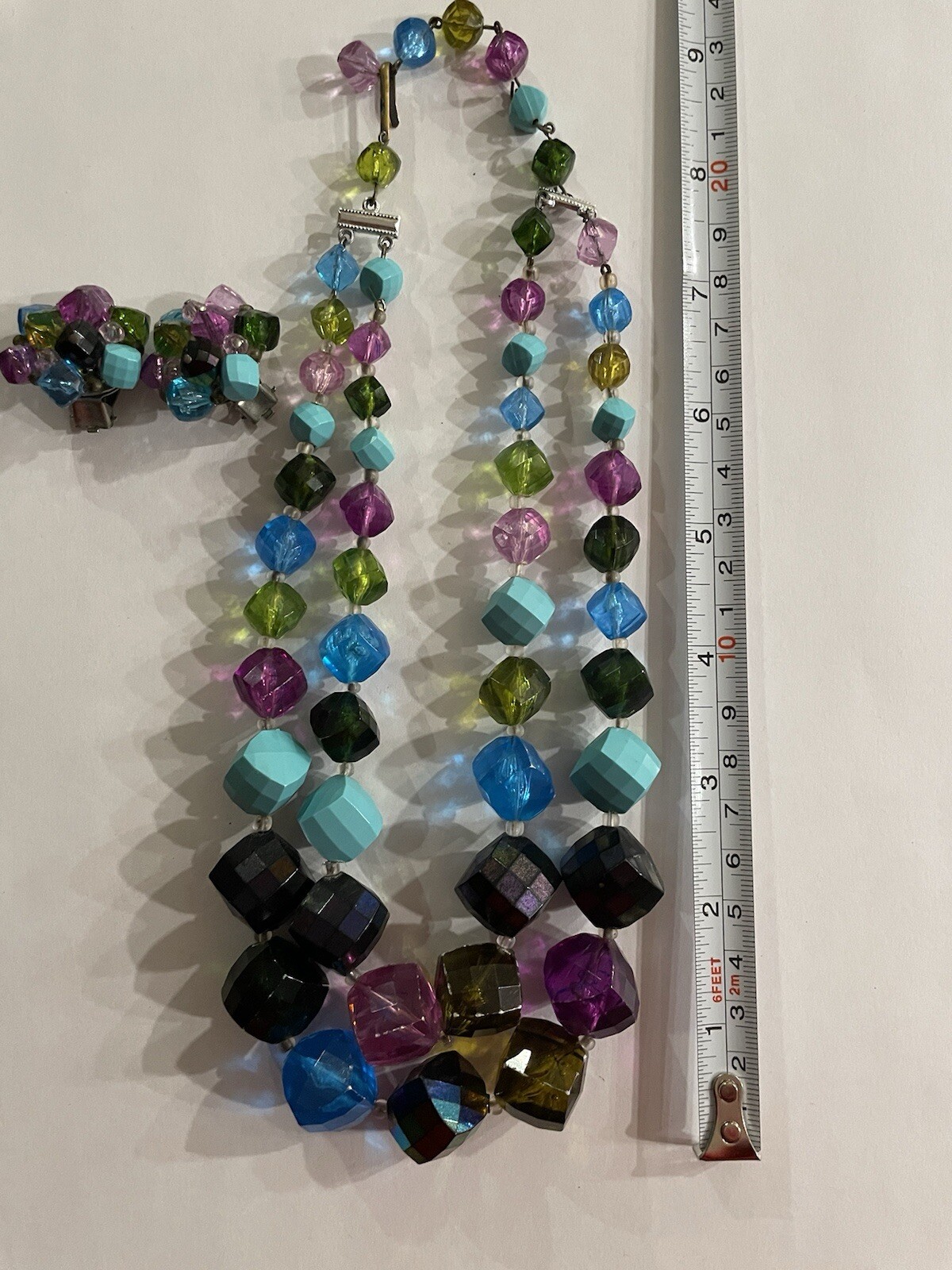 Purple, Teal, Blue, Green West Germany Clip On Earrings And Necklace Vintage