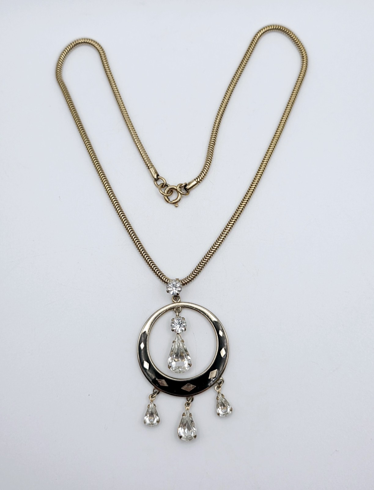 Vintage Art Deco Lavalier Pendant Necklace Gold Tone Black Enamel Crystal 15″