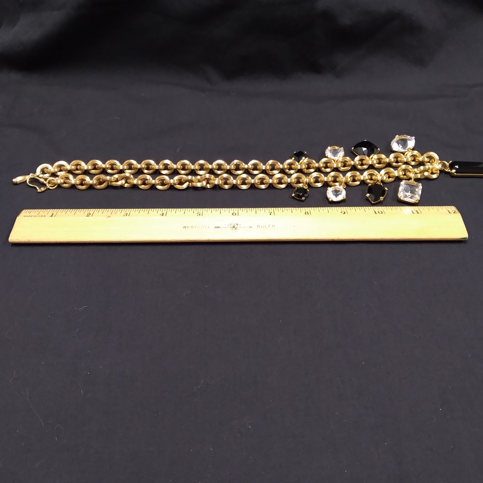 Monet Gold Tone Chunky Necklace with Clear and Black Crystal Charms