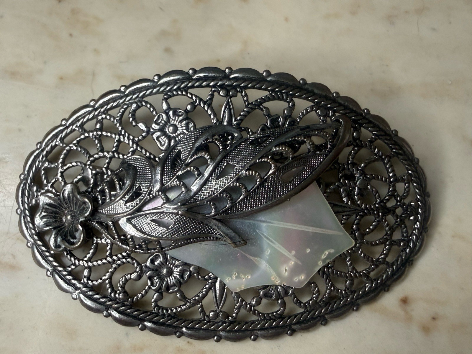 Vintage Filigree Silver-tone Mother of Pearl Leaf Brooch From Western Germany