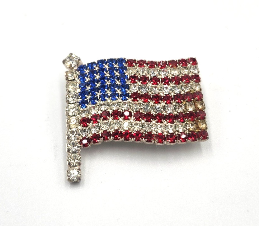 Rhinestone USA American Flag Gold Brooch PIN Stars and Stripes Red White Blue