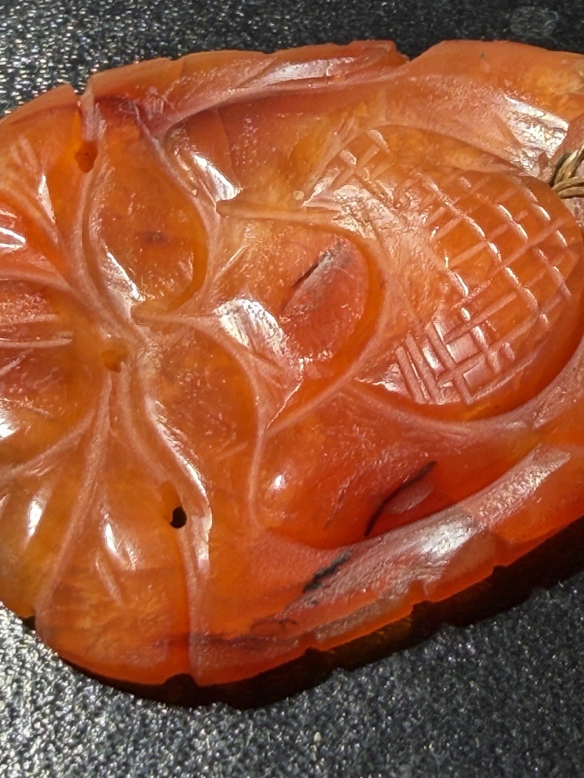 Vintage Carved Carnelian Stone Pendant 10k Solid Gold Wire Bail Old Repair