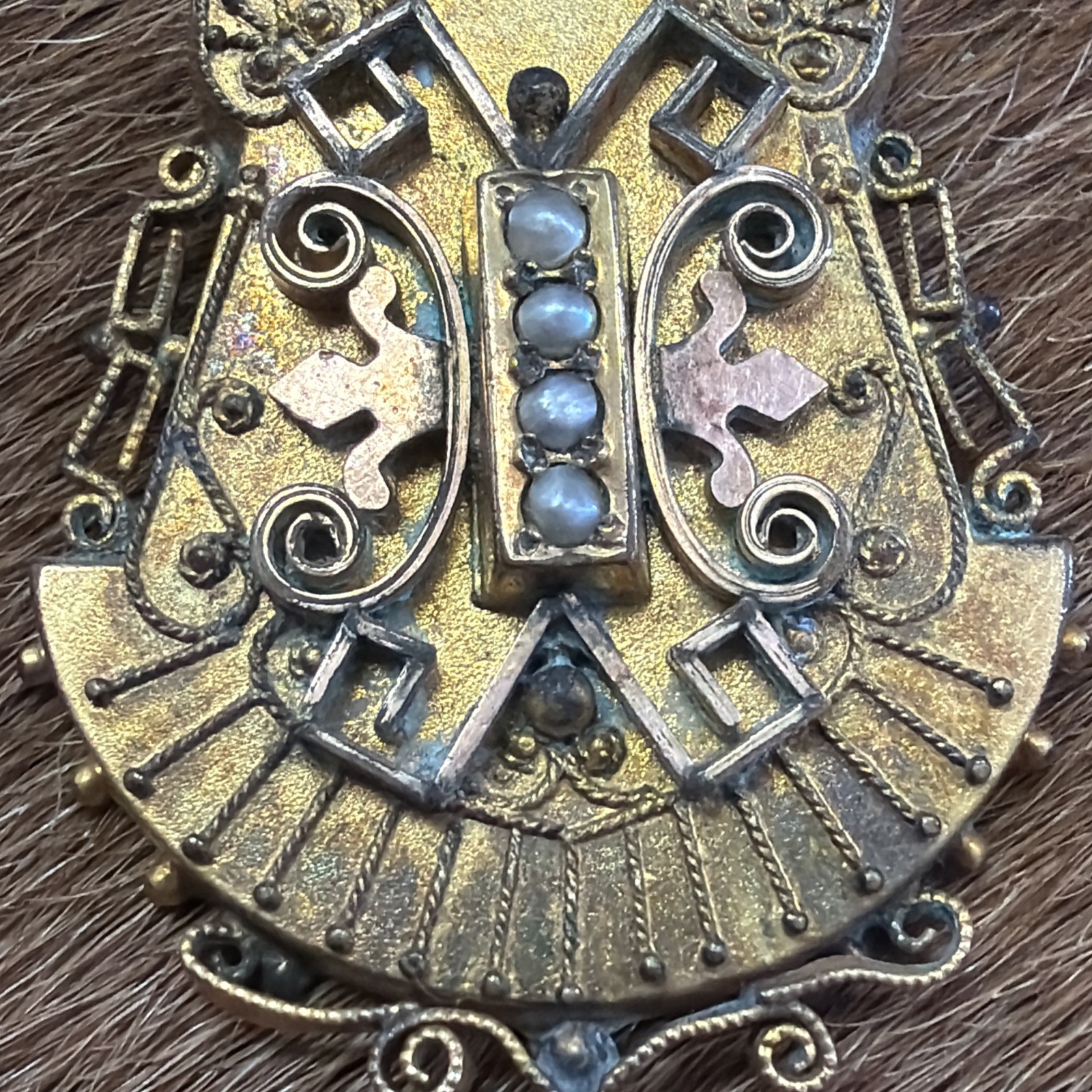 Vintage Late 1800’s Victorian Gold plated seed Pearl Etruscan Pendant/broach