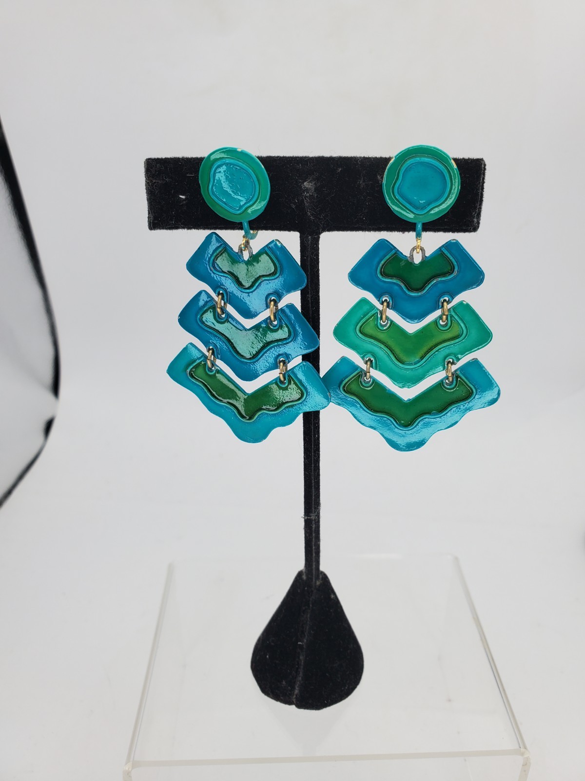 Vintage Green Teal Clip Ons Chandelier Dangle Hippies Earrings MCM 2.5″ Vivid