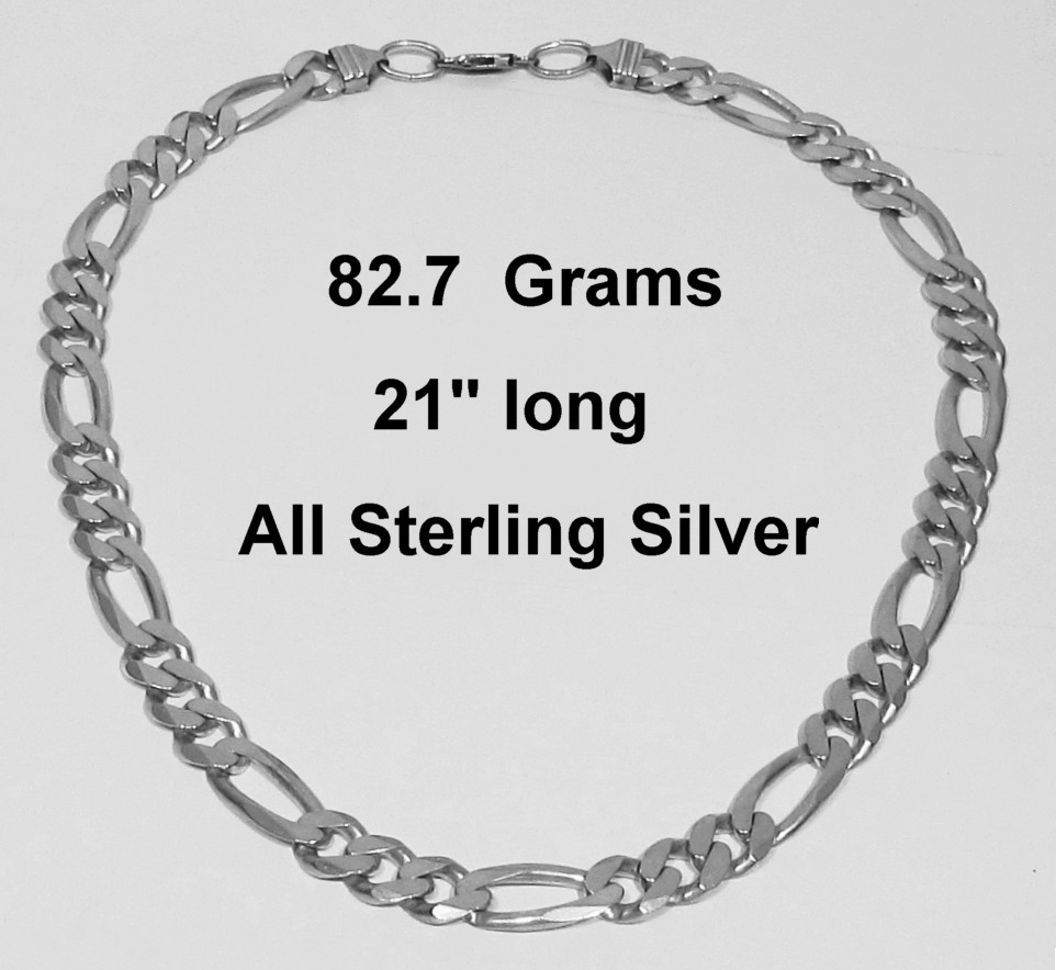 Large Vintage 11mm 82.7g 925 Sterling Silver Figaro Chain Mans Necklace 21″